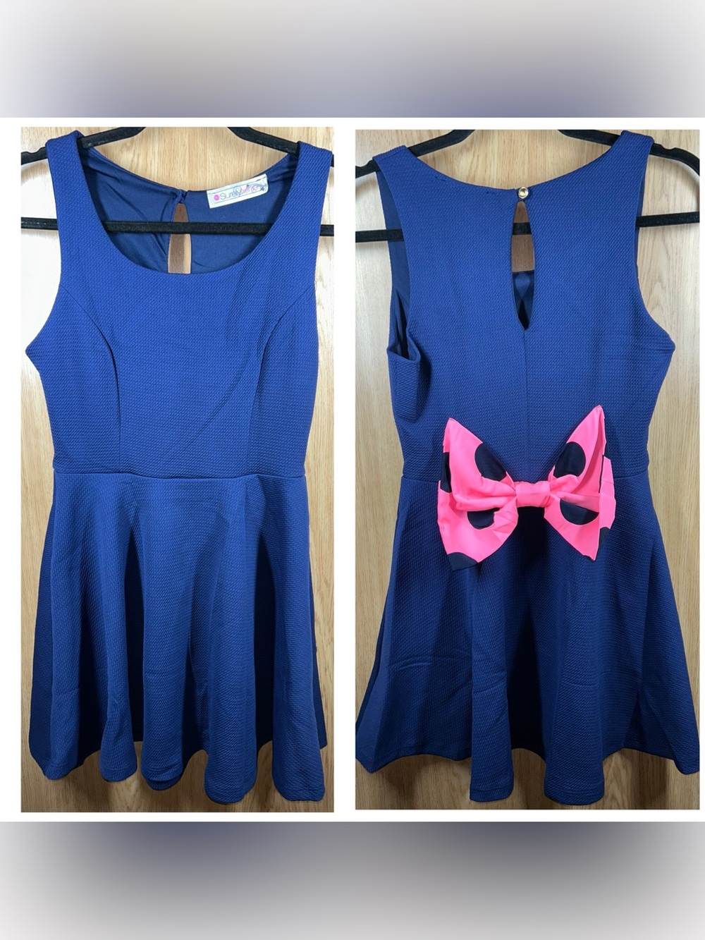 SurelyMine Size S Navy Blue Back Cut-Out Skater w/ Pink Bow Dress